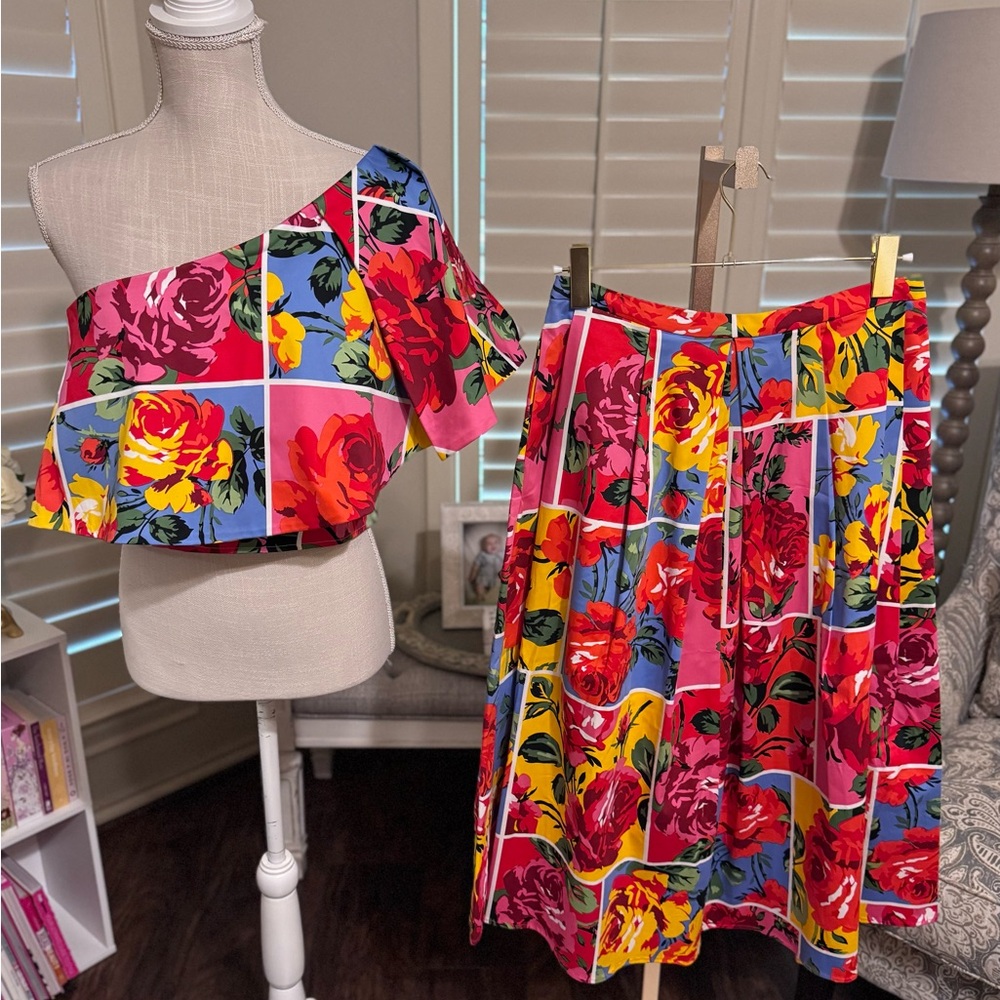 New York & Company Floral One-Shoulder Crop Top & Midi Skirt Set